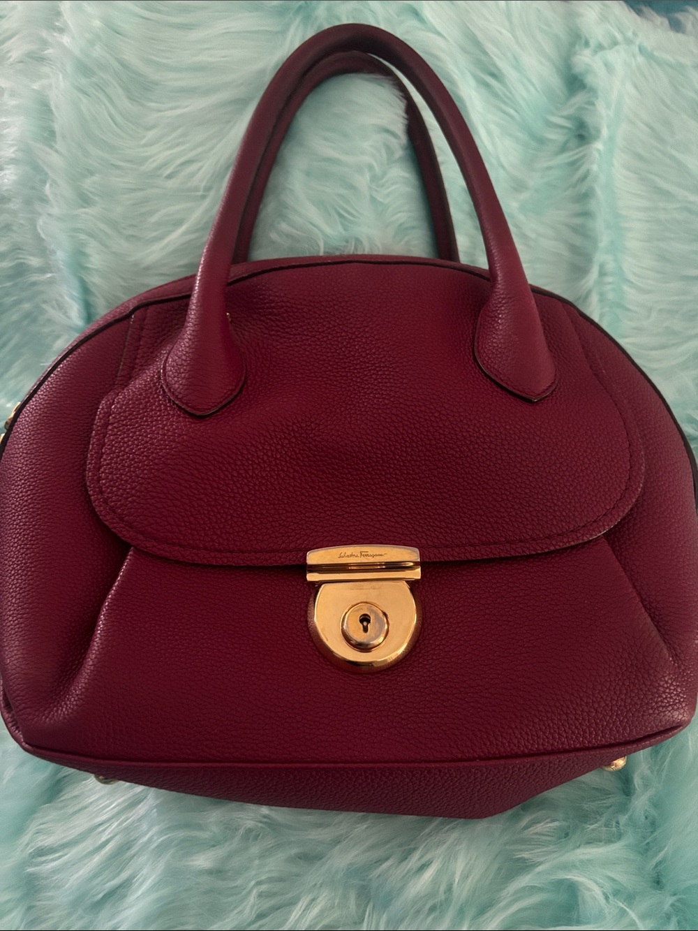 Salvatore Ferragamo Burgundy Pebbled Leather Dome Satchel with Gold Hardware